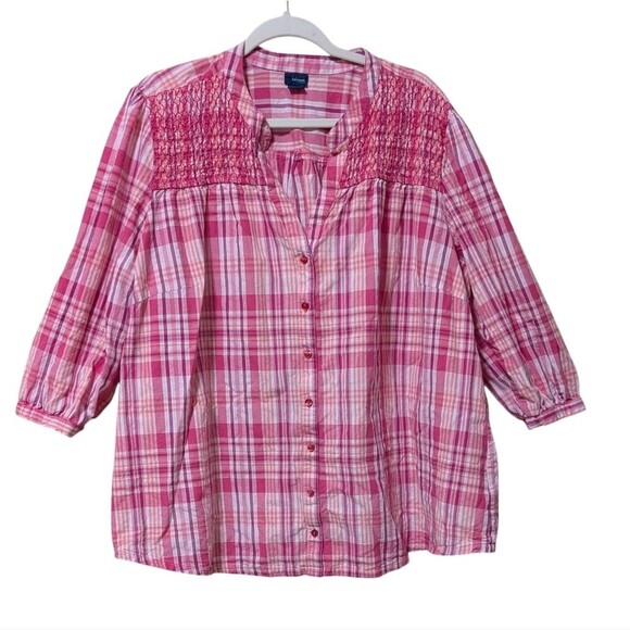 Basic Editions cotton blouse size 3X plaid pink smocked 3/4 sleeve peasant flowy - Picture 1 of 10